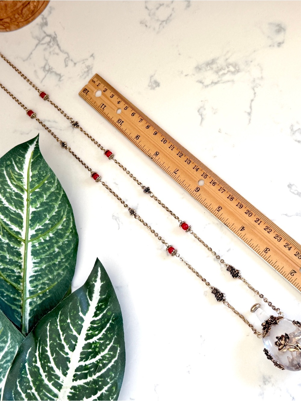 Apothecary Tiny Bottle Floral Motif Gold Necklace Long Jewelry Red Bead Gift NEW - Picture 11 of 12